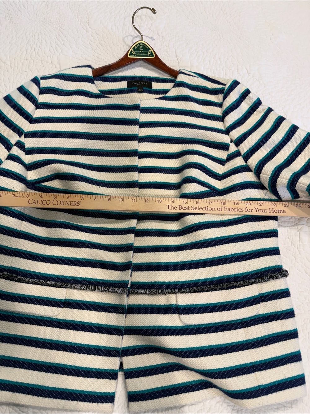Talbots Cream, Navy & Teal Striped Cropped Blazer